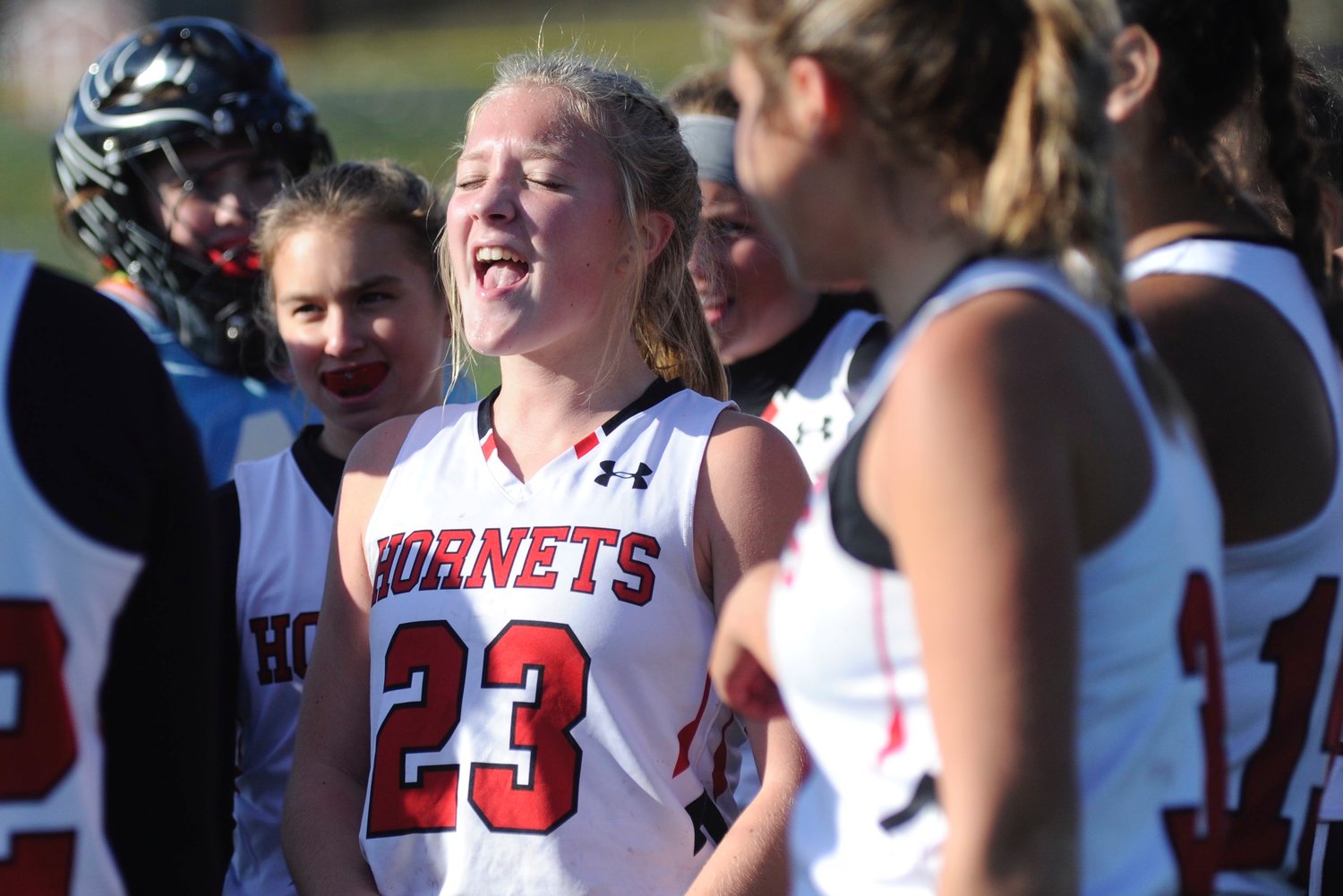 A joyful win. Honesdale’s Claire Campen celebrates the semi-final victory with her teammates.